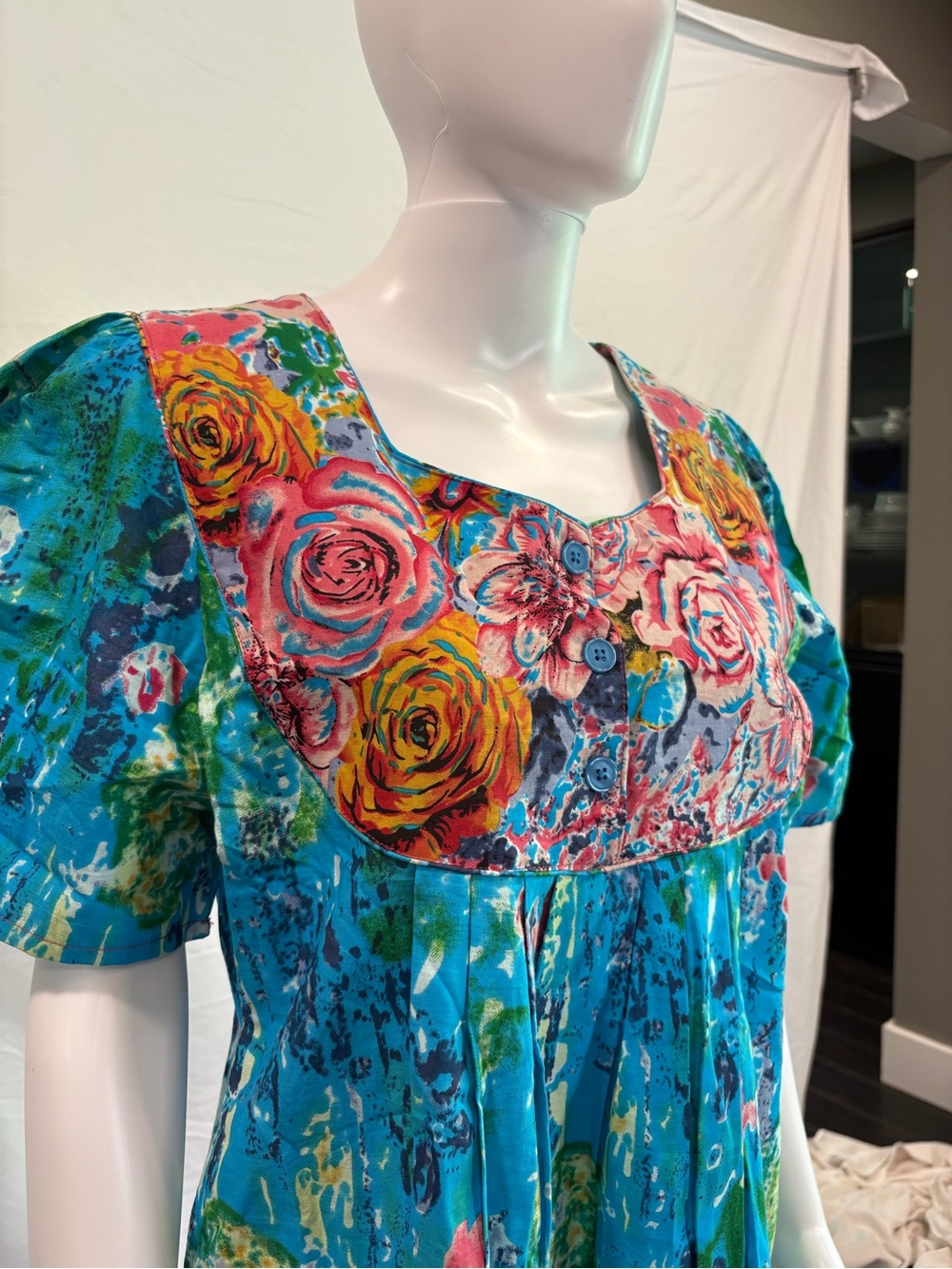 Floral Blue Cotton Short-Sleeve Nightgown - Picture 2 of 3